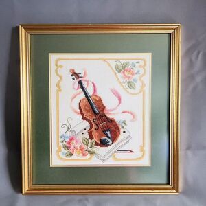 Framed Cross Stitch Violin French Horn Music Roses Completed Gold Gilded Frame